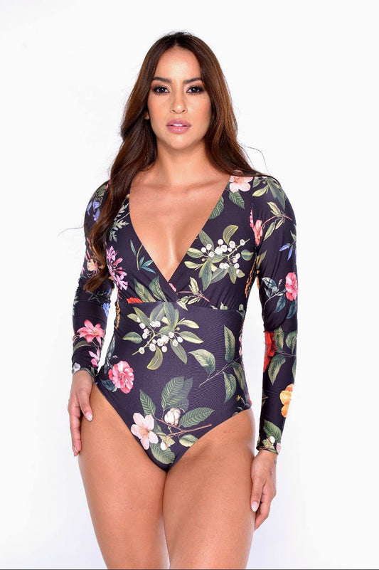 Enterizo de Baño con Mangas Largas Floral Negro — Espalda Descubierta